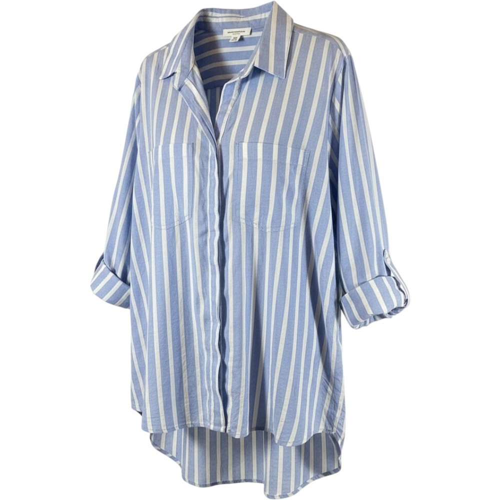 Beachlunchlounge Blue White Striped Button Down Shirt Roll Tab Sleeve Medium